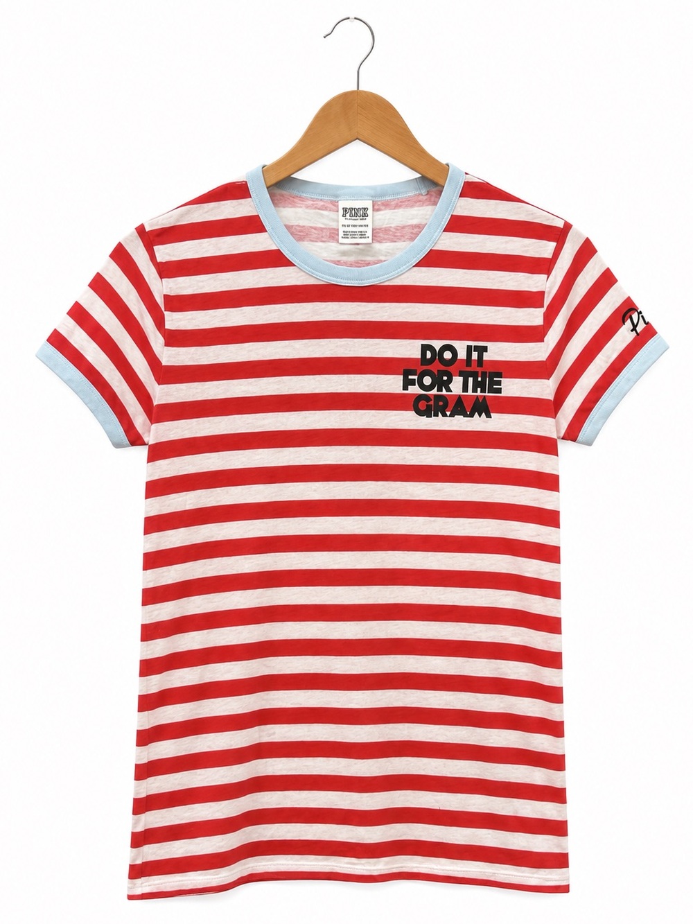 PINK Victoria's Secret Ringer T-Shirt XS Red Striped Do It For The Gram VSCO gal